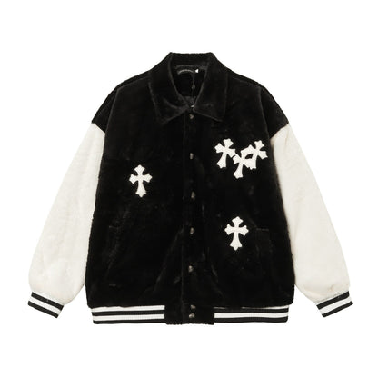 Chrome Hearts Faux Fur Cross Varsity Jacket - Black White Gothic Streetwear 035