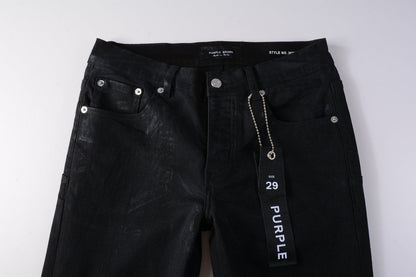 PURPLE  Men Streetwear Skinny Jeans Black Wash with Subtle Sheen and Tag Accent 9082