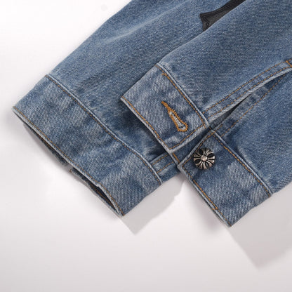 Chrome Hearts Patchwork Denim Jacket - Vintage Blue Gothic Street Jacket 0789